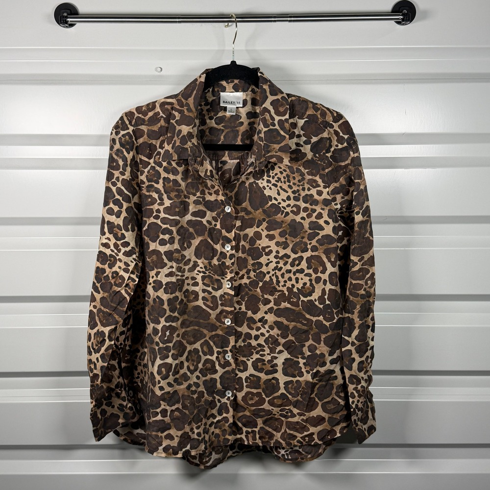 Bailey 44 Womens Large Leopard Print Button Down Blouse Brown Long Sleeve